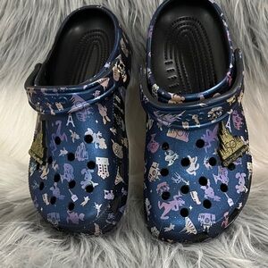 Disney 50th Anniversary 
CROCS Blue Patterned Mules